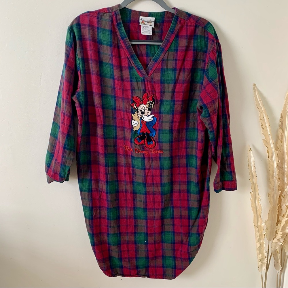 Vintage Minnie Mouse Plaid Embroidered Sleep Shirt Pajamas Plaid Disney Rare!